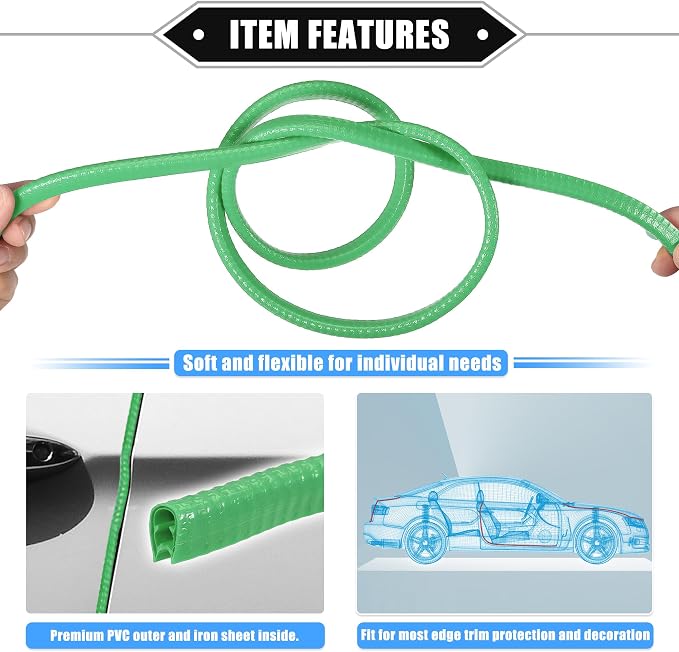 Car Door Edge Guard, 16.4ft U Shape Rubber Edge Trim Seal Strip Protector Universal for Car Truck ATV Boat Multifunctional No Glue PVC Iron Green