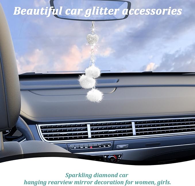 Bling Diamond Heart Car Interior Accessories, Heart & Pink Plush Ball Decor Ornament Pendant, Hanging Decoration Charm (White)