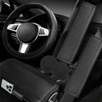 6 PCS Car Steering Wheel Cover Set, Microfiber Leather Steering Wheel Covers Universal 14.5-15 inch, Center Console Cover, Seat Belt Cushion, Cup Holder Coaster, Car Accessories Set Black