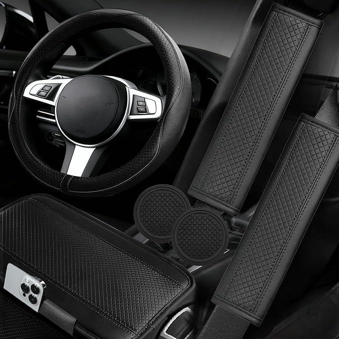6 PCS Car Steering Wheel Cover Set, Microfiber Leather Steering Wheel Covers Universal 14.5-15 inch, Center Console Cover, Seat Belt Cushion, Cup Holder Coaster, Car Accessories Set Black