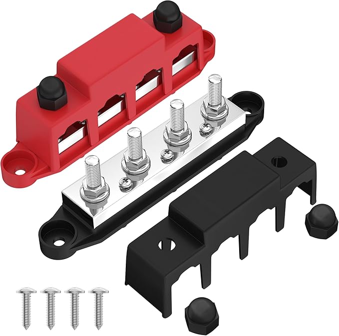 400A Power Distribution Block 12V Bus Bar with 4 x 5/16"(M8) Studs Battery Bus Bar 48V DC Marine Terminal Block for Automotive Car Solar - Negative&Positive