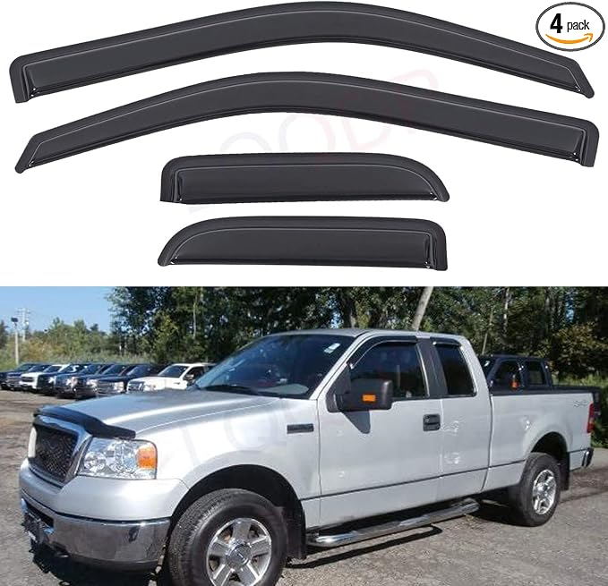 Set of 4 Front+Rear Smoke Sun Rain Guard Outside Mount Tape-On Acrylic Window Visors Compatible with 04-14 F-150 Super/Extended Cab with Half Size Suicide Back Doors
