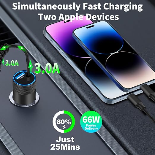 [Apple MFi Certified] iPhone Car Charger Fast Charging, 4.8A USB Power Cigarette Lighter Car Carplay Charger Adapter with 6FT Coiled Lightning Cable for iPhone 14 13 12 11 XS XR X 8 SE iPad