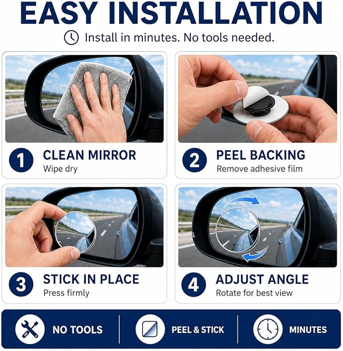 Frameless Car Blind Spot Mirror 2 Pack - Premium Convex HD Glass Round Side Blind Spot Mirrors with Wide Angle View, Eliminate Blind Zones & Parking Assistance for Safe Driving