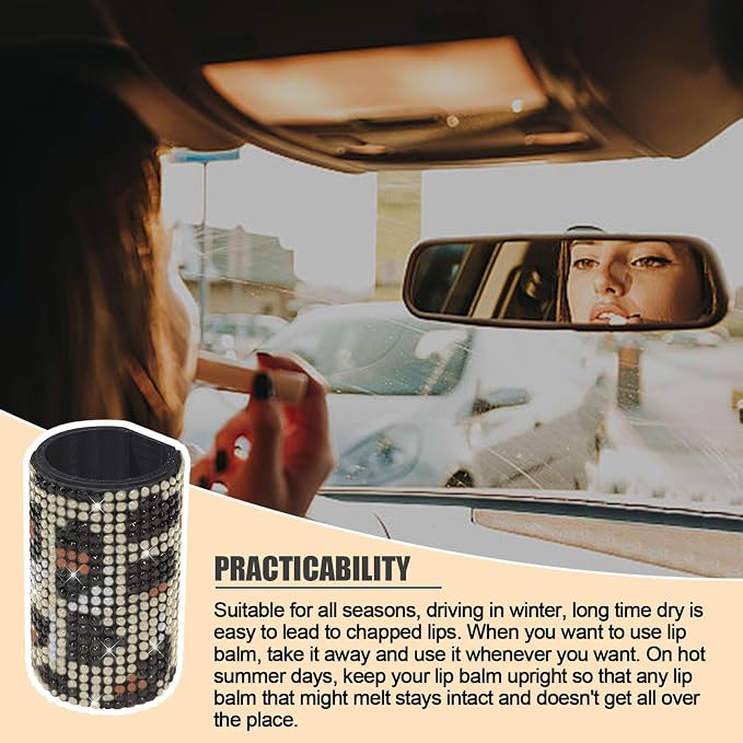 Upright Car Chapstick Holder, Bling Insulating Lip Balm Holder,Rhinestone Car Accessories for Women Interior,Suitable for Most Vehicles. (Leopard print)