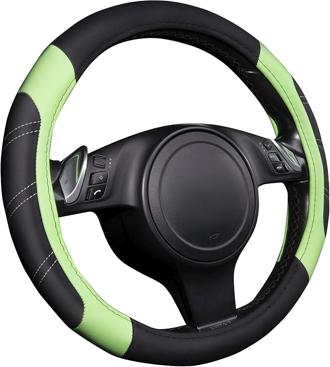 Line Rider Microfiber Leather Sporty Steering Wheel Cover Universal Fits for 95% Truck,SUV,Cars 14.5-15inch, Anti-Slip Safety Comfortable Design (Glows Lime Fluorescent Green)
