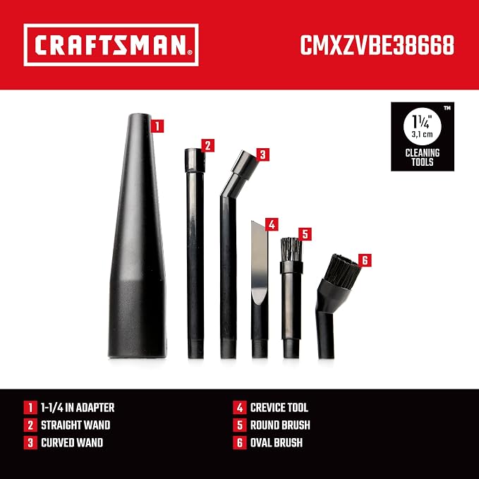 CMXZVBE38668 1-1/4 in. 6-Piece Micro-Cleaning Vac Attachment Kit | Industrial-Grade Shop Vacuum Accessories for Intricate and Detail Cleaning, Fits 1-1/4 in. Hose Diameter