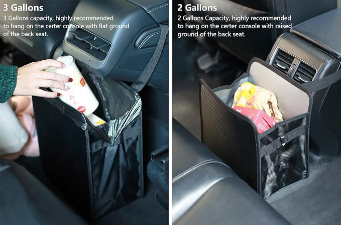 2 Gallons Open-Top Car Trash Can, Hanging Leakproof Car Trash Bag with Water-proof PEVA Liner, Stand Trash Bag for Cars Foldable Automotive Garbage Can for Cars SUV Truck RV Black