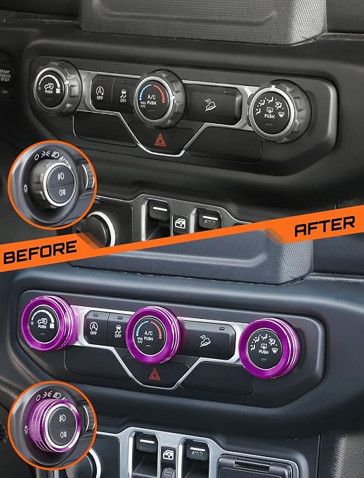 HVAC Climate Control Panel Knob Trim Kit & Light Control Switch Cover, Air Conditioner Knob Aluminum Alloy Ring for 2018-2024 Jeep Wrangler JL JLU & Gladiator JT, Interior Accessories,Purple