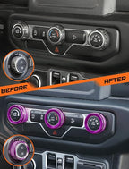 HVAC Climate Control Panel Knob Trim Kit & Light Control Switch Cover, Air Conditioner Knob Aluminum Alloy Ring for 2018-2024 Jeep Wrangler JL JLU & Gladiator JT, Interior Accessories,Purple