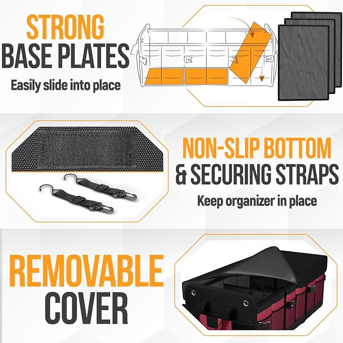 Trunk Organizer For SUV Car Organizer and Storage, Multi-Compartment Storage Bag Car Accessories for Women Men, Perfect Christmas Gifts, 1680D Oxford, Non Slip Bottom, Straps, Soft Cover (90L)