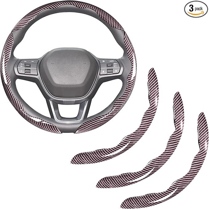 Carbon Fiber Steering Wheel Covers 3 Piece Clip on Steering Wheel Cover (Pink)