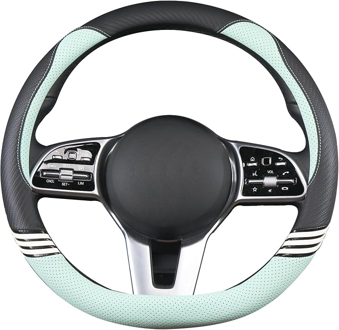 Cute Steering Wheel Cover D Shape for Women Men Breathable Universal 15 inch,Black and Green
