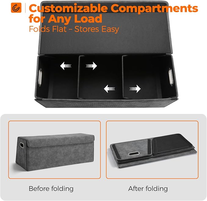 Car Trunk Organizer for SUV and Sedan, Trapezoidal-Grey, 29.5 in | Tailored for Rear Seats, Silky Crosshatch Vegan Leather, XL, Magnetic Lid, Collapsible & Adjustable, Water‑Dust Resist