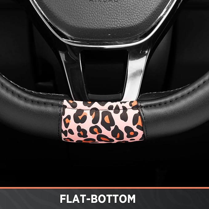 Steering Wheel Cover - Flat Bottom Wheel Cover Made with PVC Leather and Pink Leopard Fabric - Universal Fit for 15-Inch D-Shaped Automotive Steering Wheels (Pink Leopard)