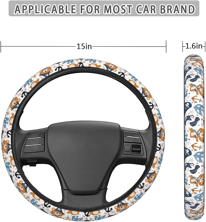 Bear Pirates Anchors Steering Wheel Covers Anti-Slip Elasticity Car Accessories Steering Wheel Protector Universal 15 Inch for Cars SUV Vehicle Truck