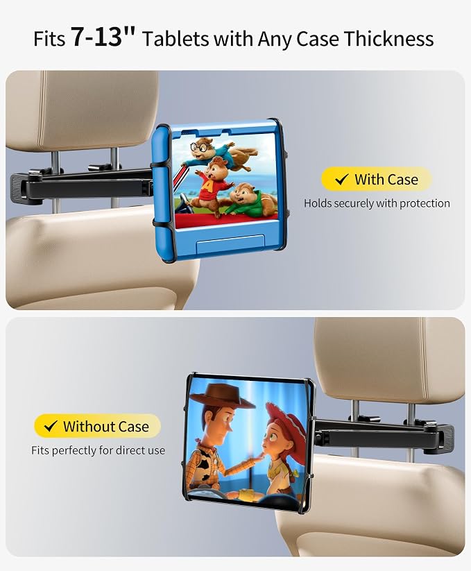 Tablet Holder for Car - [3 in 1 Adjustable Extension Arm] Upgraded iPad Holder for car Backseat with Holding Net, Road Trip Essentials for Kids, for 7-13" iPad Pro, Air, Mini, Galaxy, Fire HD