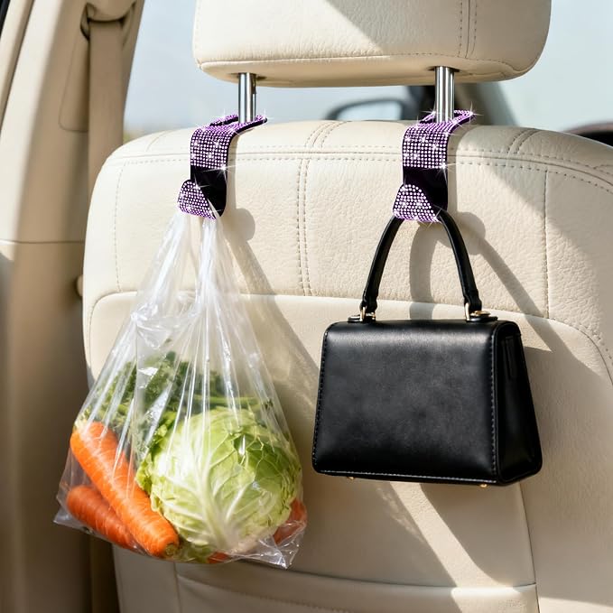 6 Pack Bling Car Seat Headrest Hooks, Rhinestone Purse Hook for Car, Universal Storage Organizer for Handbag Grocery Bags Coats, Bling Car Accessories for Women (Bling Purple)