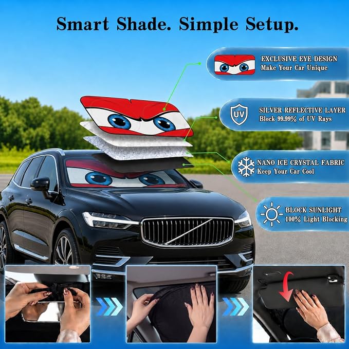 Car Windshield Sun Shade, Universal Fit Midsized Sedan SUV, Angry Red | 63 x 31.5" Windshield Cover, Foldable Front Window Sunshade, UV Heat Protection, Cute Eyes Series