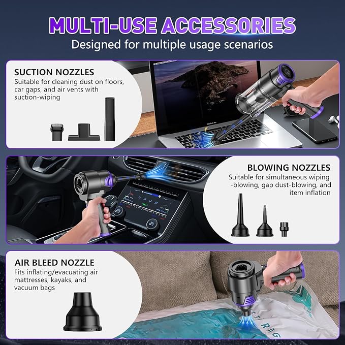 Handheld Car Vacuum Cleaner, 16000PA Air Duster & Vacuum Cleaner, 120W High Power Hand Held Vacuum Cordless, Portable Vacuum Rechargeable with Multi-Nozzles & LED Light for Car, Home, Pet, Office