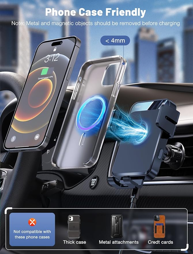 Wireless Car Charger, Auto-Clamping Car Mount 15W/10W/7.5W Fast Charging Air Vent Car Phone Mount Compatible with iPhone 15/14/13/13 Pro/12 Pro Max/12 pro/12/11/10 Series, Samsung Galaxy Series