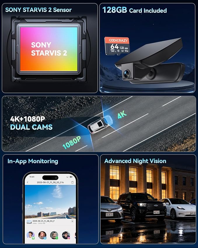 4K UHD STARVIS 2 OEM-Style Dash Cam for Toyota Corolla(2020-2022), Hidden Front Camera with Loop Recording, Gravity Sensor, WiFi & App, Plug & Play, 64GB (Grey)