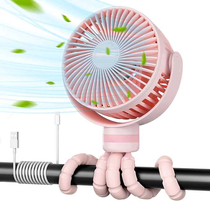 8000mAh Portable Stroller Fan, 27H Ultra-long Battery Life Detachable 4 Speed 360°Rotate LED Night Light with 2 Modes, USB Rechargeable Handheld Cooling Fan for Travel/Car Seat/Bedroom