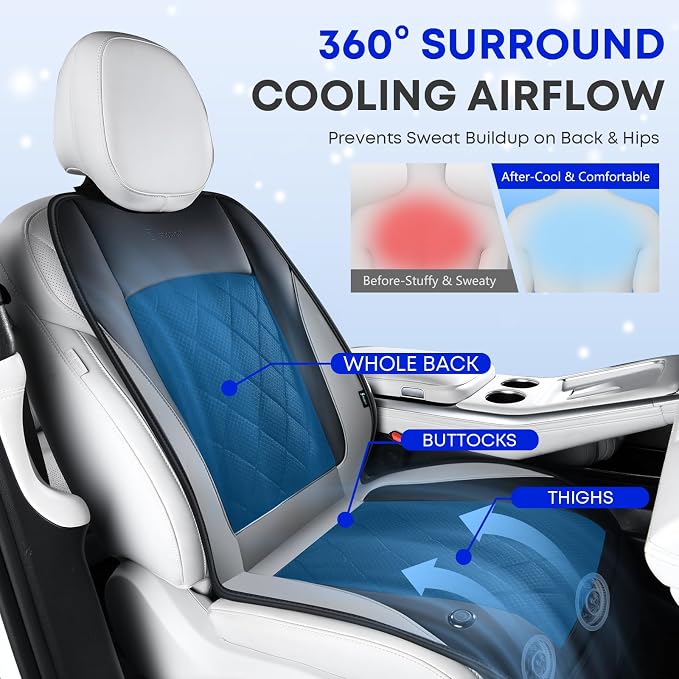 FLORICH [2026 Upgrade] Cooling Car Seat Cover Ventilated Seat Cushion Summer Driving 12V-24V Ventilated Car Seat Cushion with 2 Powerful Turbo Fans with 3-Speed Adjustable Universal Fit Most Car-Grey
