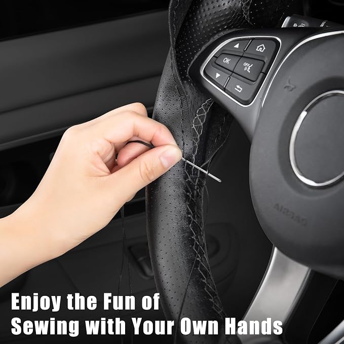Genuine Leather Steering Wheel Cover, Stitch On Wrap, Breathable Cowhide Steering Wheel Wrap, Standard Size 15 Inch, for Car Truck SUV Pickup Boat, DIY Sewing with Needle Thread, Black
