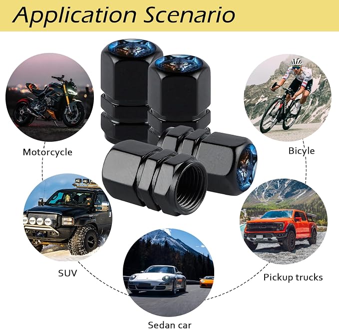 4Pack Wolf Tire Valve Caps Universal Tire Air Cap Valves Stem Covers | Aluminum Alloy Rust-Proof Valve Stem Caps, for Auto SUV Truck Motorcycle Bicycle, Wolf Gifts Decor for Women Men Drivers