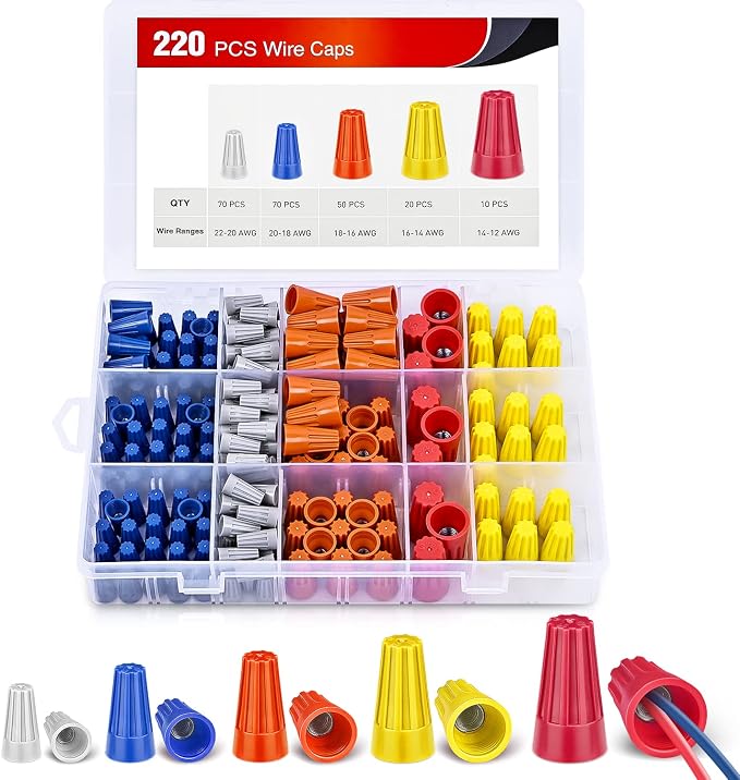 220PCS Wire Screw Caps Terminals Kit 5 Sizes Electrical Assortment Spring Thread Insulated Twist on Connectors for 22-12 AWG Wires