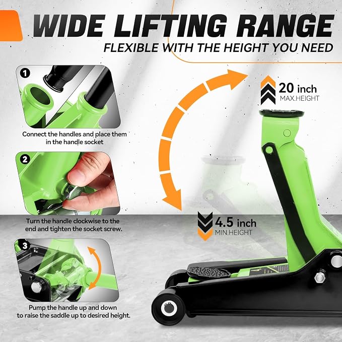 4 Ton Low Profile Floor Jack, Heavy Duty Steel Hydraulic Car Jack with Dual Pistons Quick Lift Pump, Hydraulic Racing Floor Jack, Lifting Range 4.5" to 20", Green