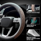 Nappa Leather Steering Wheel Cover,Elegant Diamond Checkered Design, Non-Slip wear-Resistant, Enhance Driving Comfort, Suitable for Steering Wheel Diameter 14 1/2‘-15’ Models.Black Brown