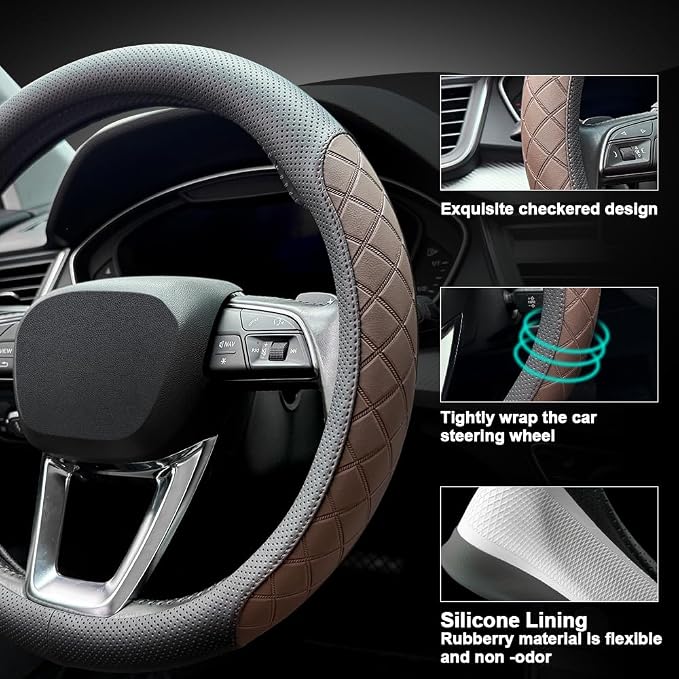 Nappa Leather Steering Wheel Cover,Elegant Diamond Checkered Design, Non-Slip wear-Resistant, Enhance Driving Comfort, Suitable for Steering Wheel Diameter 14 1/2‘-15’ Models.Black Brown