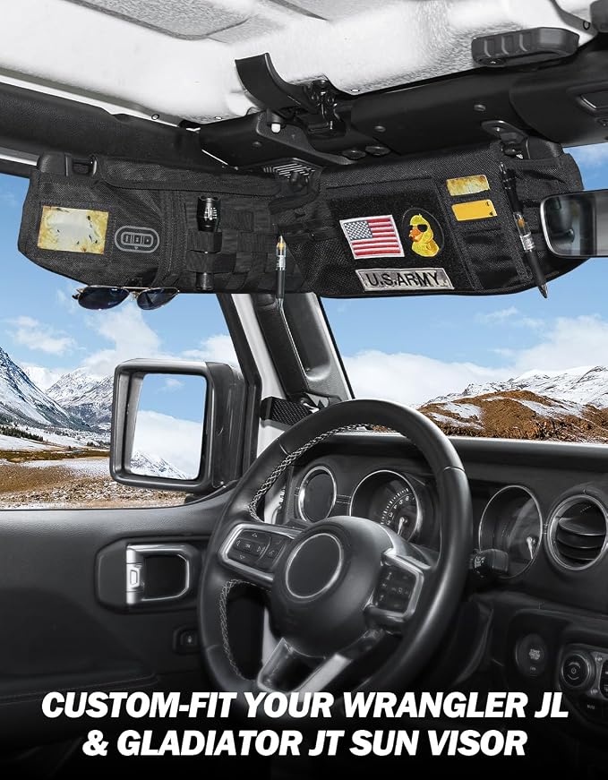 Sun Visor Organizer Compatible with 2018-2026 Wrangler JL & Gladiator JT, Driver's Side Front Tactical Visor Storage Cover Molle Webbing Visor Storage Holder Pouch, Multi-Pocket Net Zipper