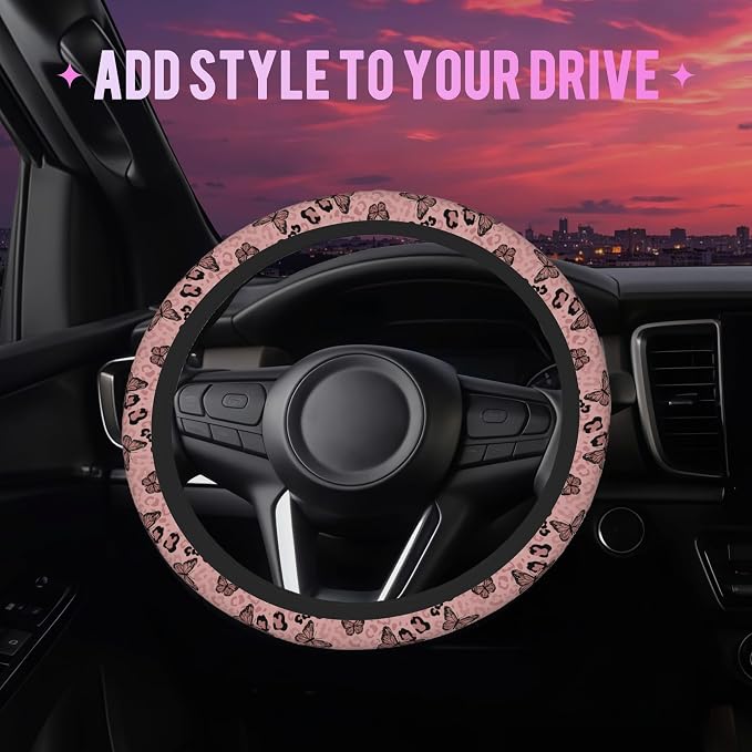 Pink Butterfly Leopard Print Steering Wheel Cover for Women Men Neoprene Breathable Wheel Cover Protector Anti-Slip Car Accessories Universal 15 Inch Fit for Cars Trucks Vehicles