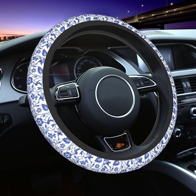 Blue Flower Steering Wheel Cover - 15 Inch Blue Floral Steering Wheel Cover Anti-Slip Breathable Universal 2 Pcs Car Interior Cup Holder Pad for Men Women