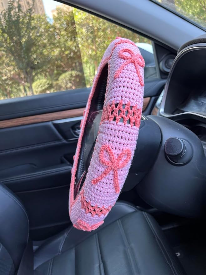 Handmade Crochet Pink Bow Car Steering Wheel Covers Universal 14-15 inch,Cute Steering Wheel Cover,Car Accessories (A: Wheel Cover+2Belt Cover)