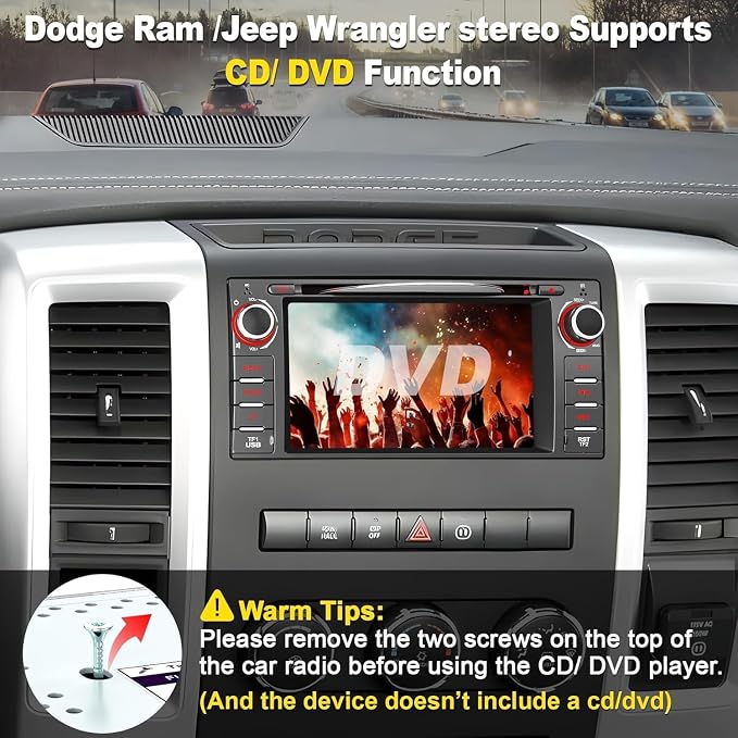 Car Radio Stereo with CD/DVD Player for Dodge RAM 1500 2500 3500 (2009-2012), for Jeep Wrangle/Unlimited (2007-2015),7 Inch Head Unit with CarPlay & Android Auto,Bluetooth & GPS Navigation