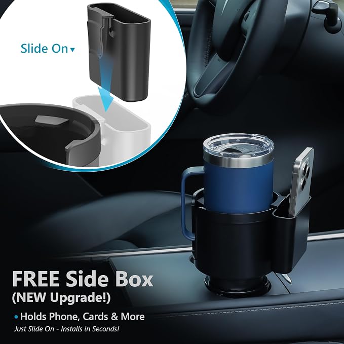 Cup Holder Expander with Phone Holder & Cable Access, 3-in-1 Car Organizer, Side Storage Box for Phone/Cards, Compatible with Yeti, Owala, Hydro Flasks & Large Bottles Mugs in 3.5"-4.0"