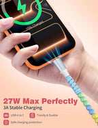 USB A to USB C Cable 6FT,Beaded Charger Cord for iPhone 17 16 Pro Max 17e 15 Car play,Type C Cute Car Charger Cord for iPad 10 11th A16/Samsung S26 S25 S24 S23 FE/Android Phone Girls Women,BlueYellow