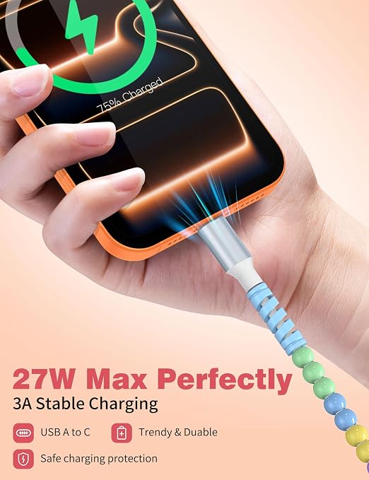 USB A to USB C Cable 6FT,Beaded Charger Cord for iPhone 17 16 Pro Max 17e 15 Car play,Type C Cute Car Charger Cord for iPad 10 11th A16/Samsung S26 S25 S24 S23 FE/Android Phone Girls Women,BlueYellow