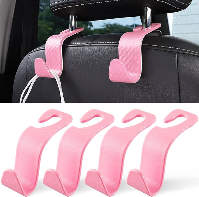 Car Purse Hook, Headrest Hook for Car, 4 Pack Universal Auto Car Seat Headrest Hook Hangers Organizer for Purse Coat Umbrellas Grocery Bags Handbag, Car Accessories - Carbon Fiber Pink