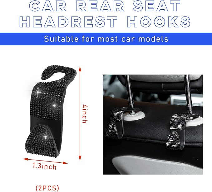 2 PCS Bling Car Seat Headrest Hooks, Crystal Rhinestone Back Seat Hanging Storage Organizer, Vehicle Seat Hanger Holder for Purse Handbag Coat, Interior Car Accessories (Black)