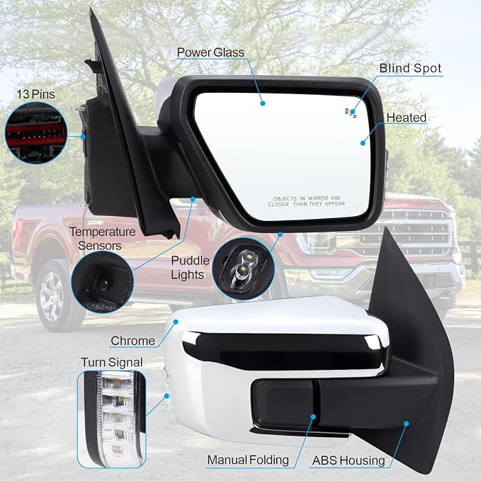 Right Passenger Side Door Mirror Compatible With 2021-2026 Ford F150 With Manual Folding Heated Blind Spot Turn Signal Light Puddle Light Temperature Sensors Chrome Replace#ML3Z17682SA(13Pins)