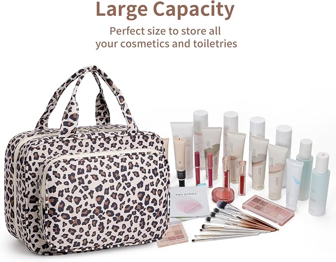 Travel Toiletry Bag for Women Large Capacity, Hanging Makeup Bag Organizer Toiletries Bag for Full Size Essentials, Accessories, Brushes, Cosmetics (Beige Leopard (Large))