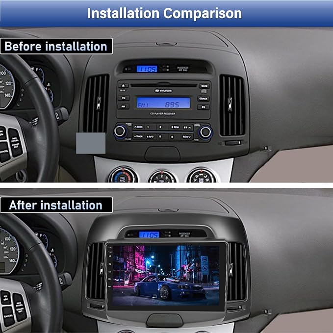 [2+64G]Android 15 Car Stereo for Hyundai Elantra 2007 2008 2009 2010 with Wireless Carplay&Android Auto,9 Inch Touch Screen Car Radio with GPS WiFi Bluetooth FM/RDS Radio SWC AUX-in+AHD Backup Camera