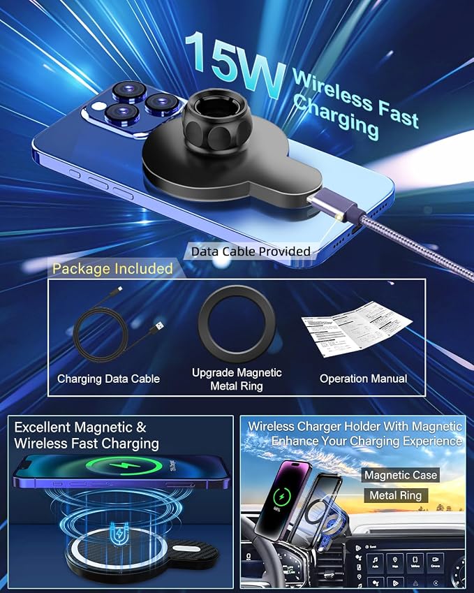 PZK Car Phone Holder for 2022-2026 Chevy Silverado/GMC Sierra 13.4'' Screen | Magnetic 15W Fast Wireless Charger Car Phone Mount Magsafe With 360° Rotating Extension Rod Hands-Free Phone Cradles