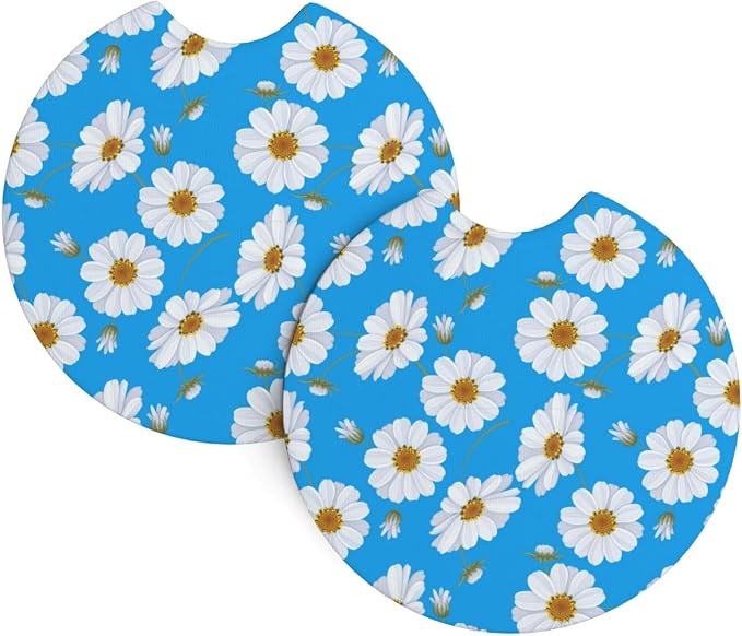 Daisy Steering Wheel Cover Daisy Blue Steering Wheel Cover Anti-Slip Breathable 15 Inch Universal 2 Pcs Car Interior Cup Holder Pad for Men Women