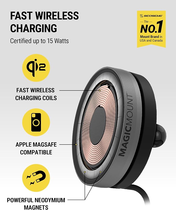 Qi2 Wireless MagSafe Car Mount Charger, 15W Magnetic Cell Phone Holder for Car with AMPS Mounting Plate for ProClip Vehicle Specific Mount Bases Compatible with iPhone, Samsung